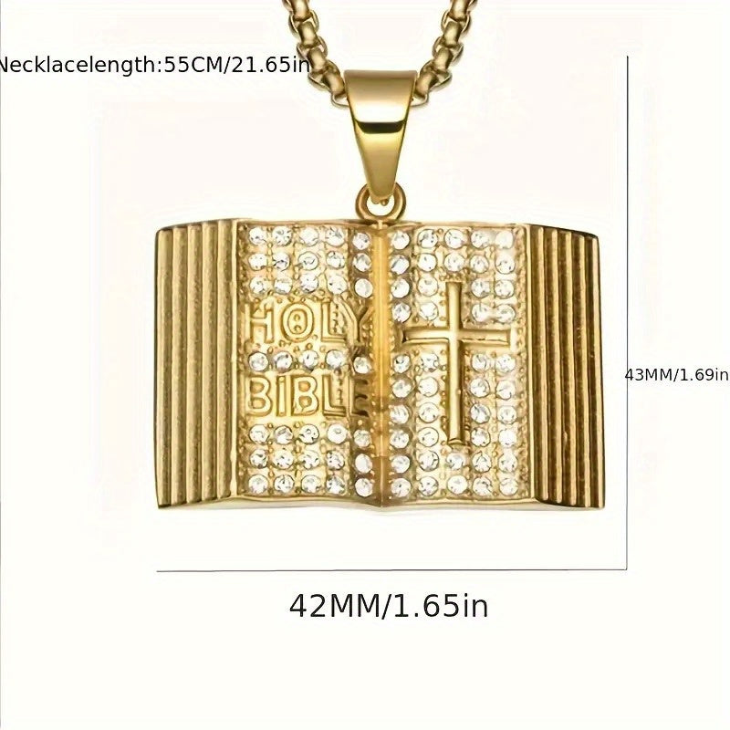 Gold iced out bible pendant with sparkling crystals, featuring an open design and a cross