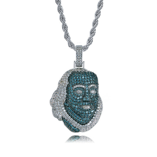 Iced Out Blue Face Pendant with silver chain by DatNewDrip featuring blue and white stones