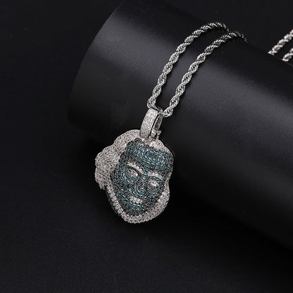 DatNewDrip Iced Out Blue Face Pendant with detailed silver chain and sparkling stones