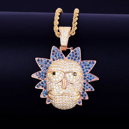 Iced out Cartoon Character Face Pendant necklace featuring sparkling crystals and a unique design