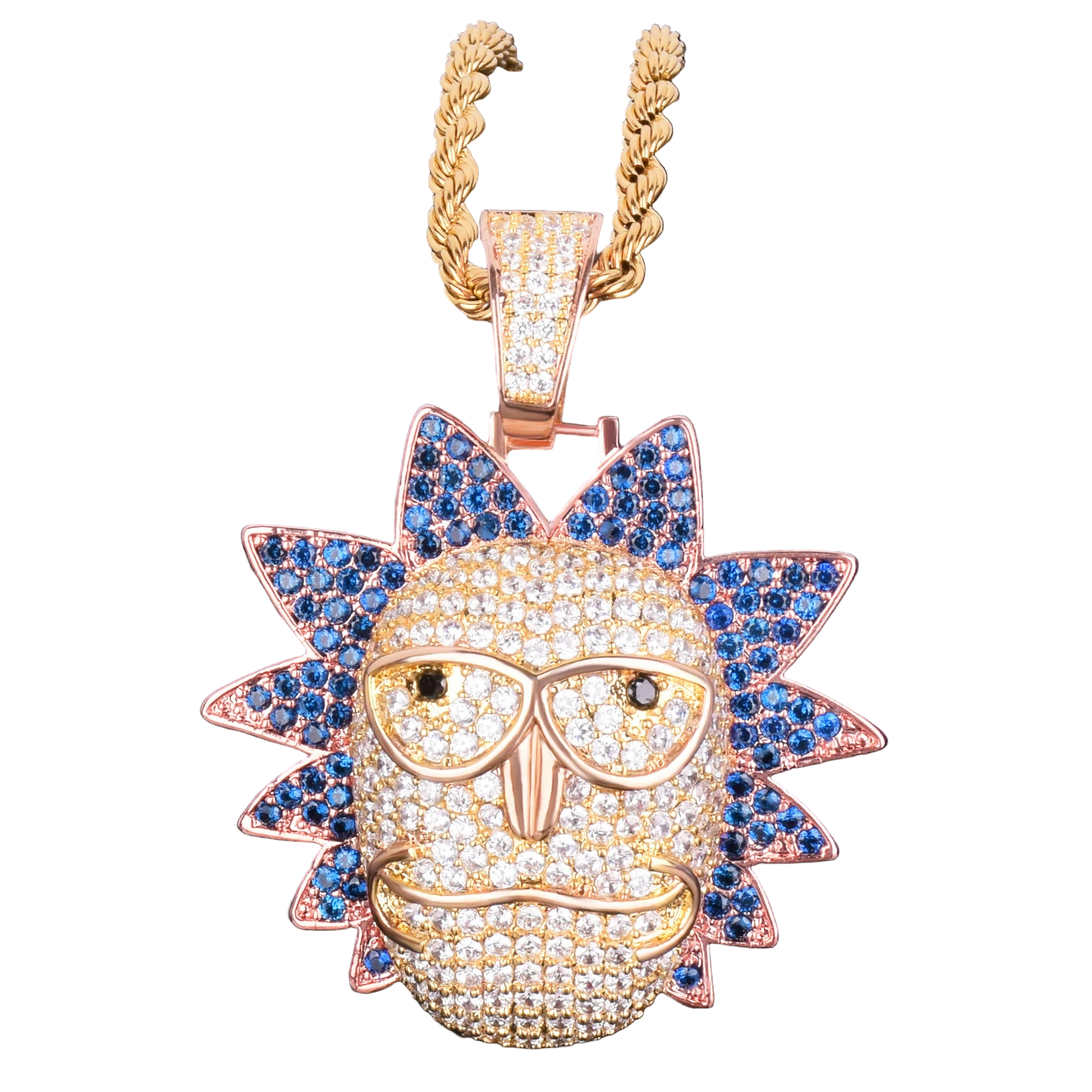 Iced out Cartoon Character Face Pendant necklace with detailed gem design in gold and colorful accents