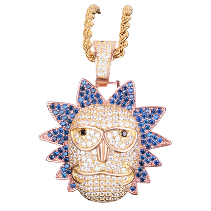 Iced out Cartoon Character Face Pendant necklace with detailed gem design in gold and colorful accents