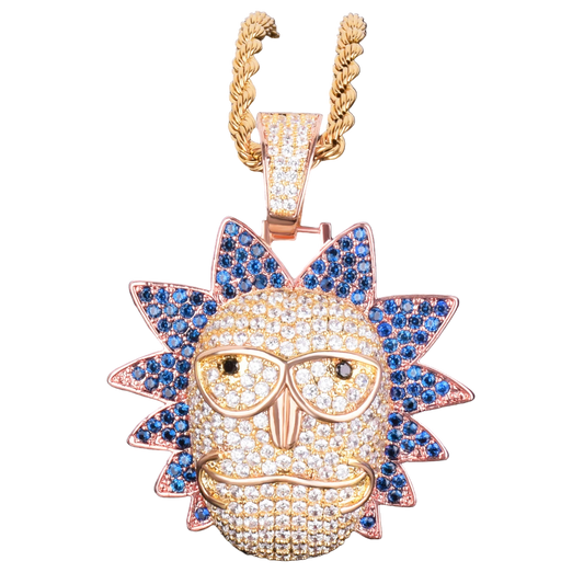 Iced out Cartoon Character Face Pendant necklace with detailed gem design in gold and colorful accents
