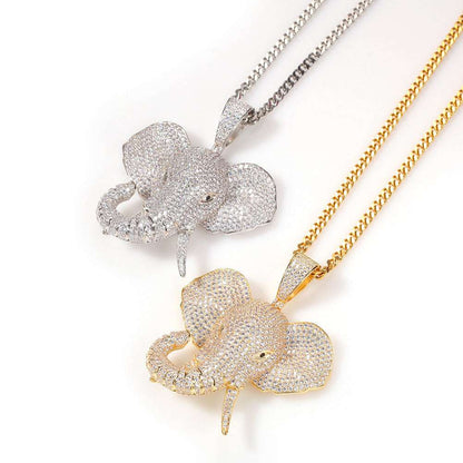 DatNewDrip iced out elephant pendant necklaces in silver and gold with detailed crystal embellishments