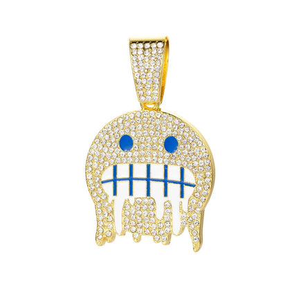 DatNewDrip iced out frosty face pendant with dazzling blue accents and gold detailing