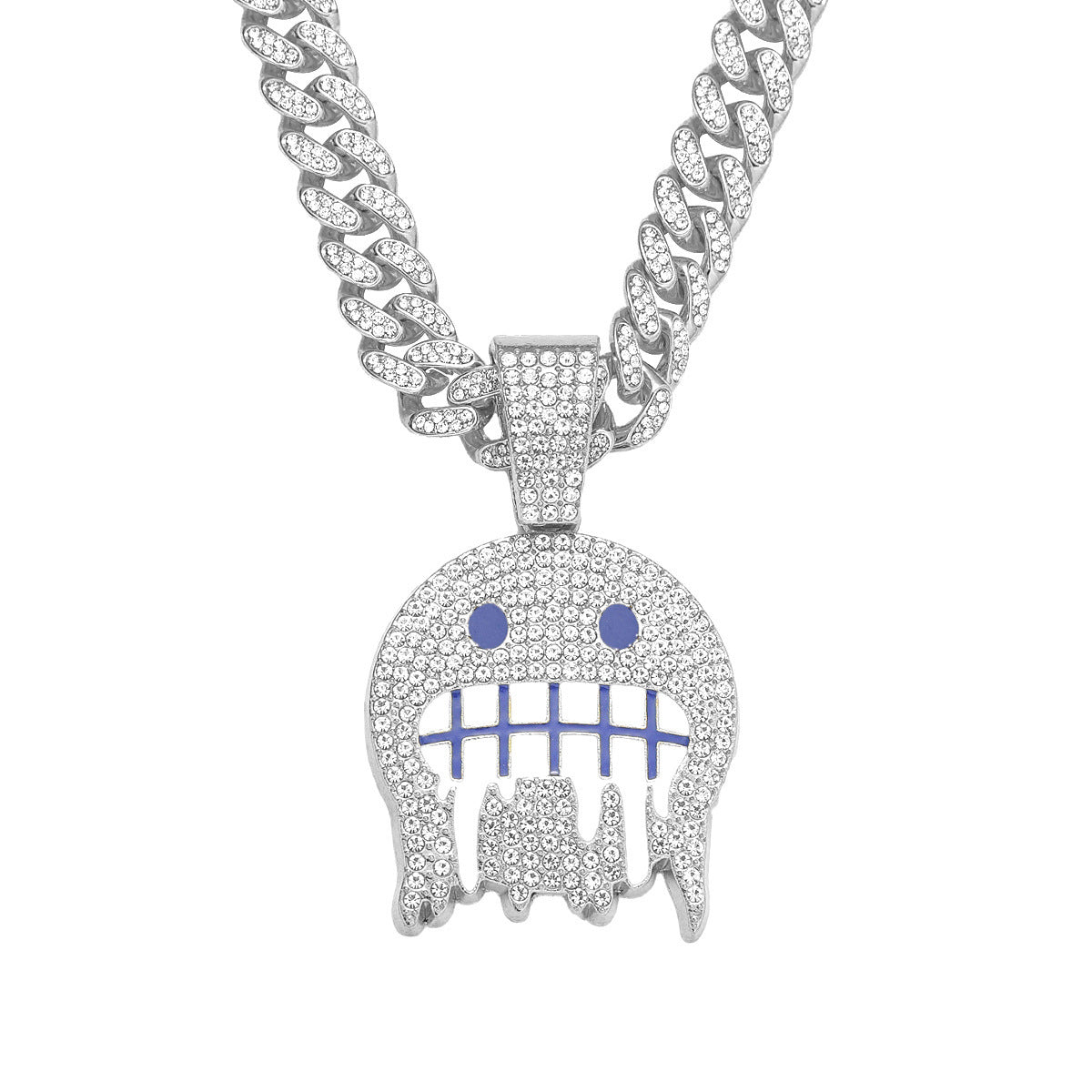 DatNewDrip iced out frosty face pendant on a chunky chain, featuring sparkling details and blue accents