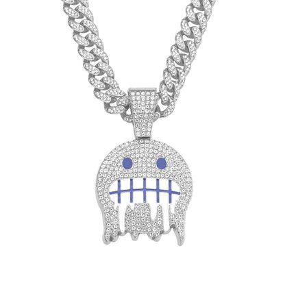 DatNewDrip iced out frosty face pendant on a chunky chain, featuring sparkling details and blue accents