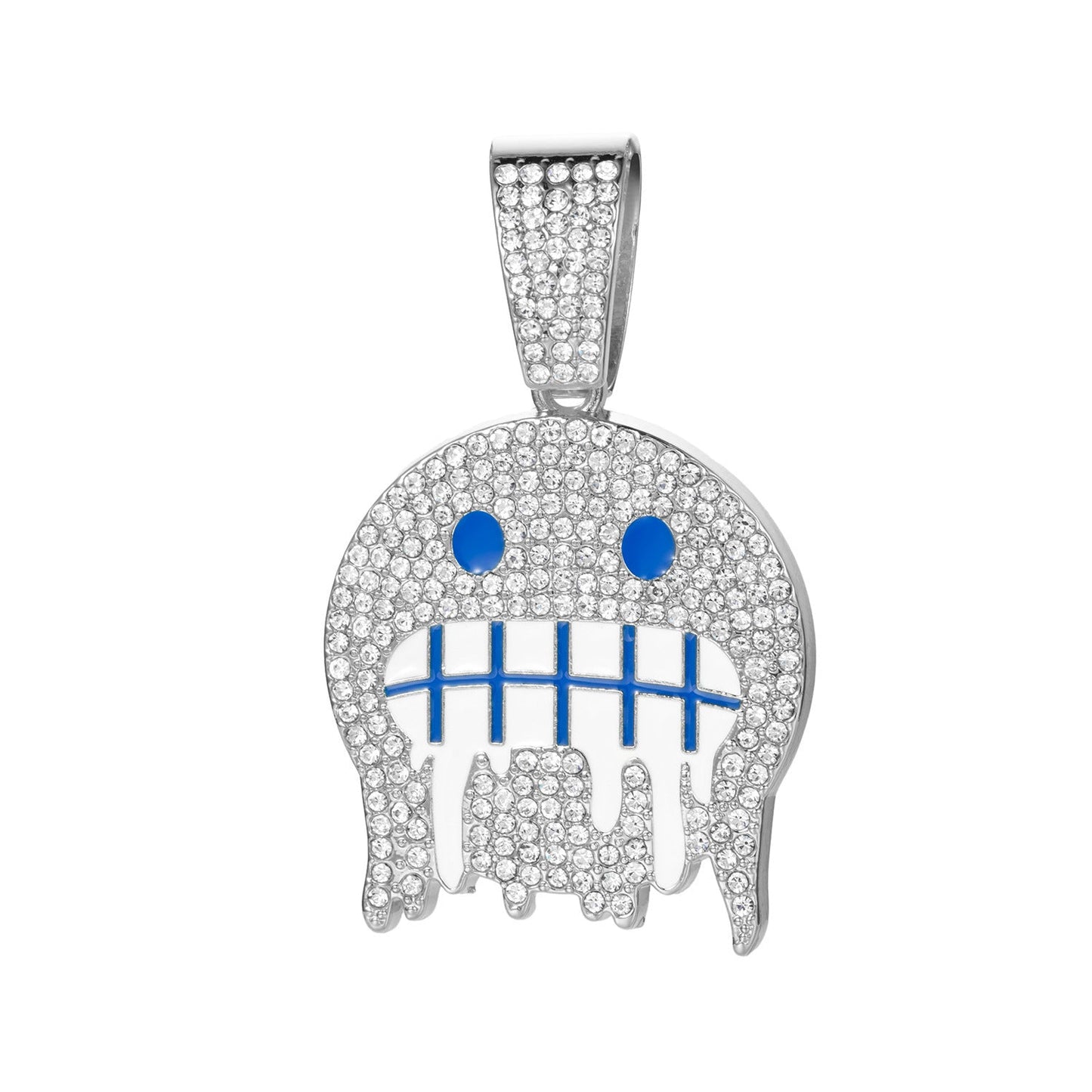 DatNewDrip iced out frosty face pendant with blue accents and sparkling rhinestones