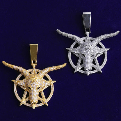 Iced out goat pendant necklace in gold and silver with intricate detailing and a stylish design