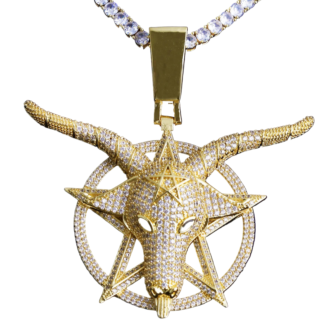 Iced out goat pendant necklace in gold with intricate detailing and a sparkling chain