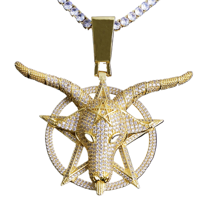 Iced out goat pendant necklace in gold with intricate detailing and a sparkling chain