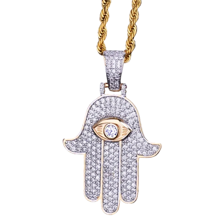 Iced out hamsa hand pendant necklace with gold-toned chain and sparkling diamond accents