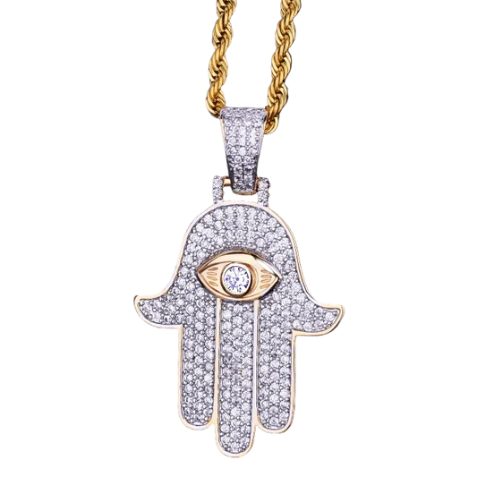 Iced out hamsa hand pendant necklace with gold-toned chain and sparkling diamond accents