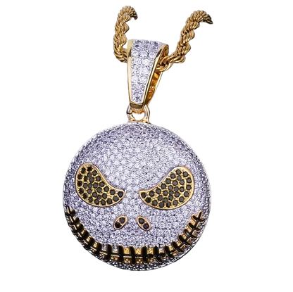 Iced out jack skeleton smiling pendant necklace with shimmering details and gold accents