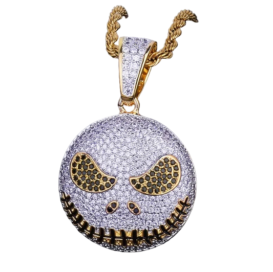 Iced out jack skeleton smiling pendant necklace with shimmering details and gold accents