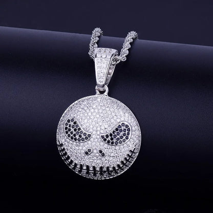 Iced out Jack Skeleton smiling pendant necklace with sparkling details and a sleek chain design
