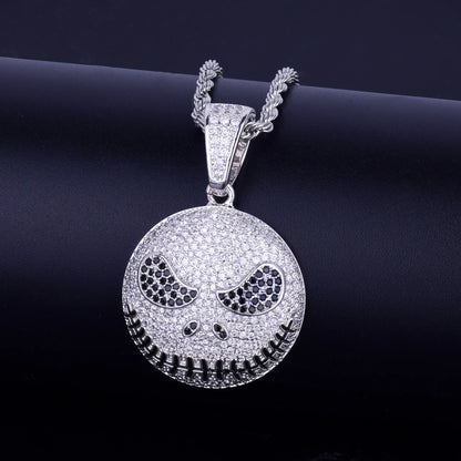 Iced out jack skeleton smiling pendant necklace with sparkling rhinestones and a bold design