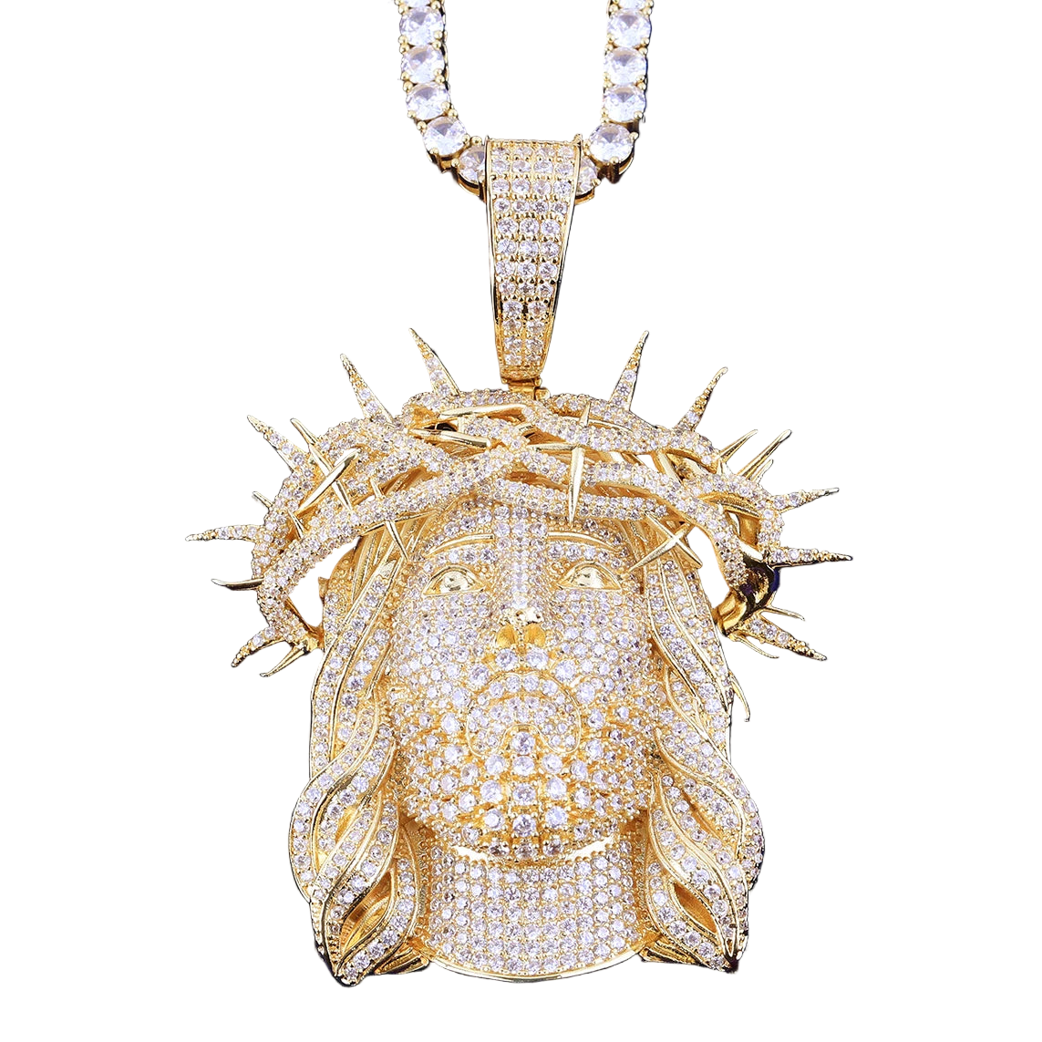 Iced out Jesus piece necklace with intricate detailing and sparkling embellishments