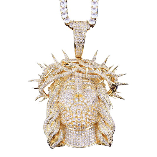 Iced out Jesus piece necklace with intricate detailing and sparkling embellishments