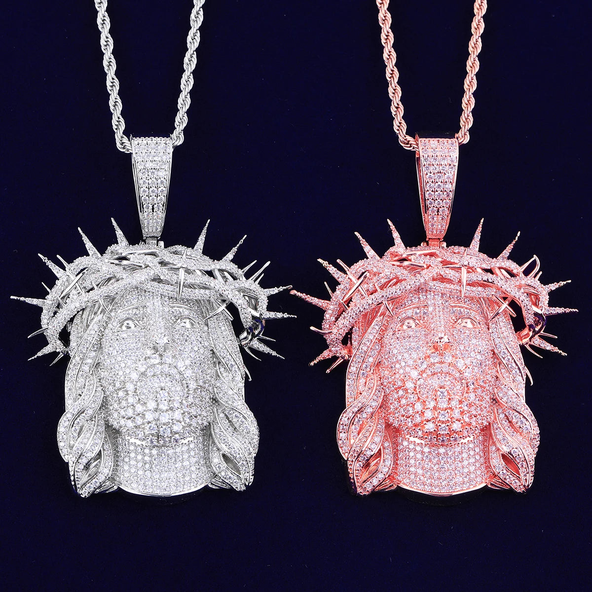 Iced out Jesus piece necklace in silver and gold with intricate detailing and luxury shine