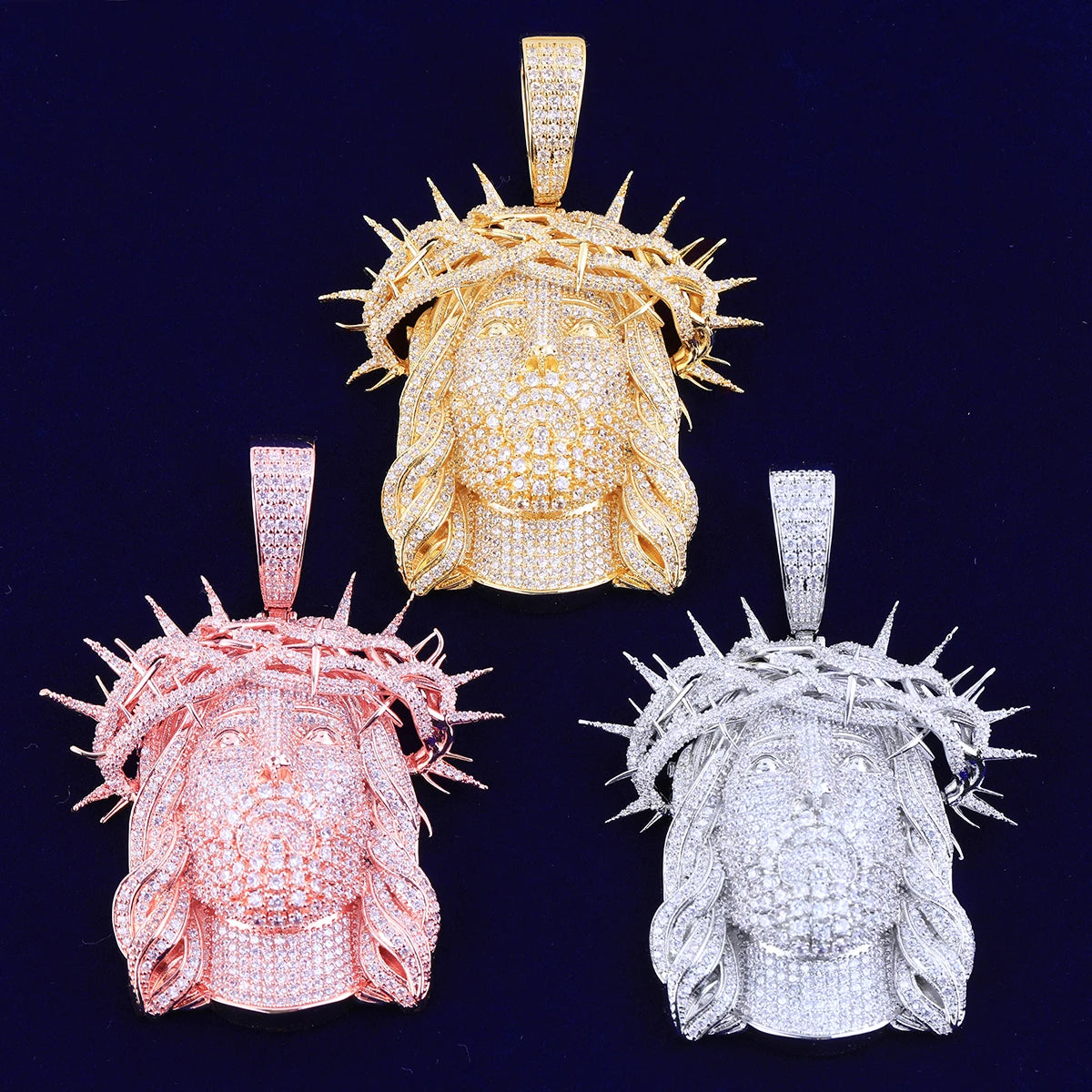 Iced out Jesus piece necklace in gold, rose gold, and silver styles with intricate detailing and sparkling stones