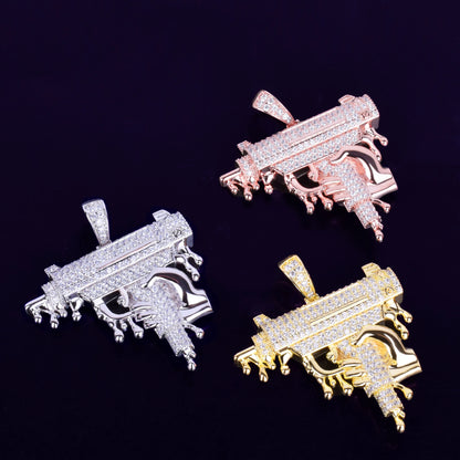 Iced Out Opps Uzi Pendant Necklace available in gold, silver, and rose gold with sparkling design