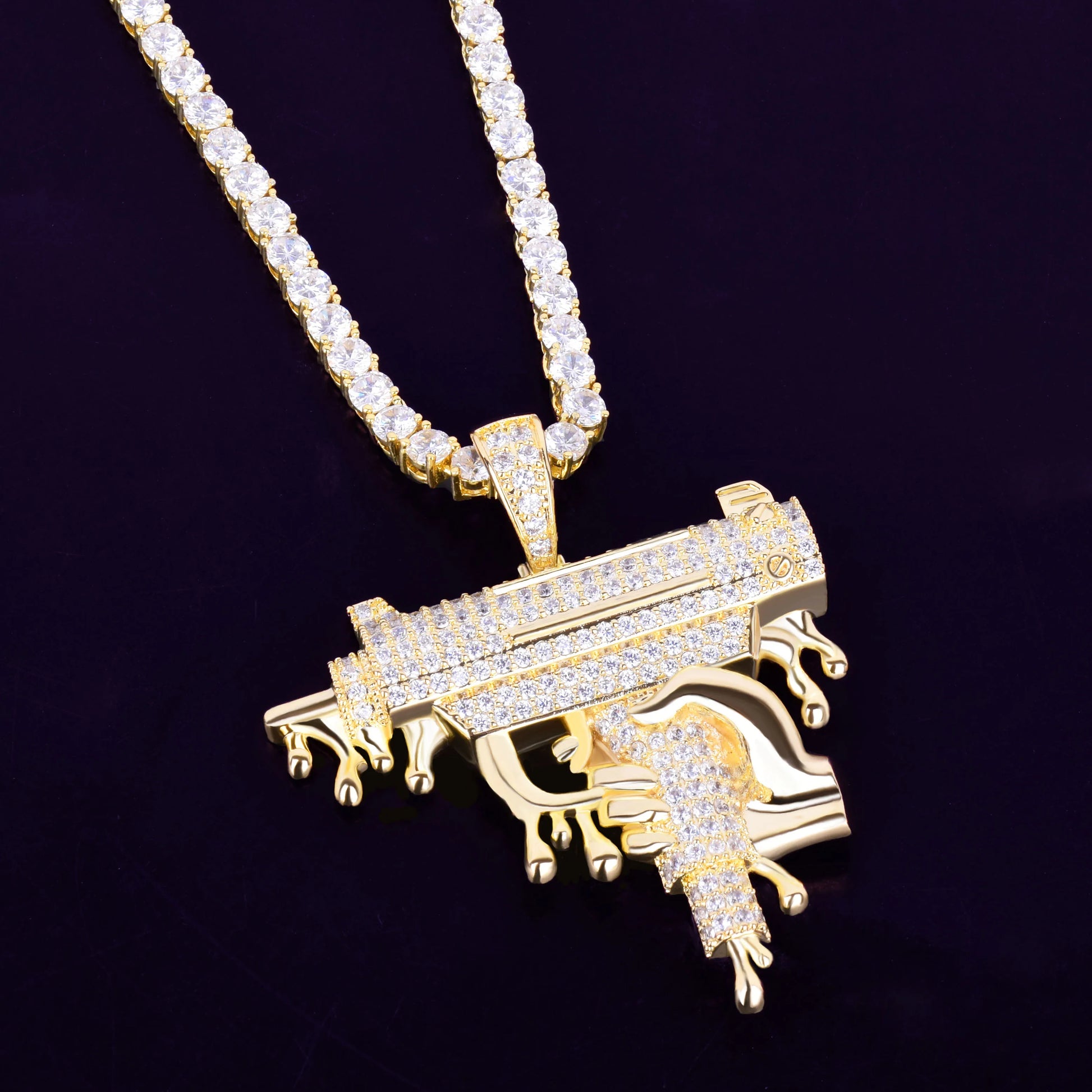 Iced Out Opps Uzi Pendant Necklace with a sparkling gold design and diamond accents