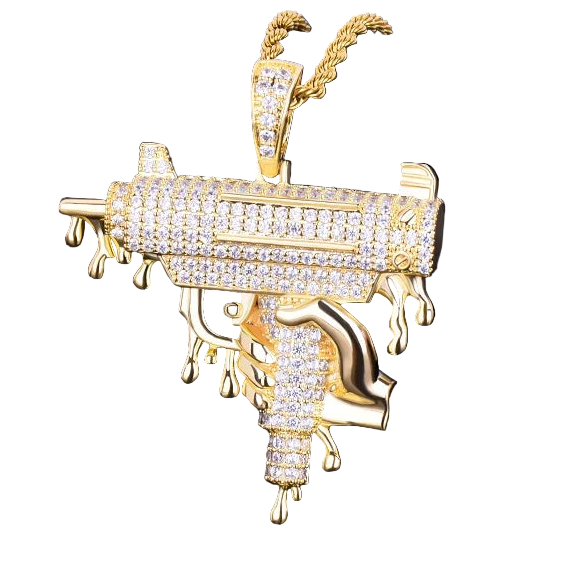 Iced Out Opps Uzi Pendant Necklace with a detailed golden design and shimmering stones