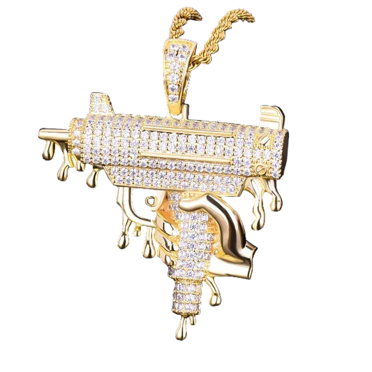 Iced Out Opps Uzi Pendant Necklace with a detailed golden design and shimmering stones