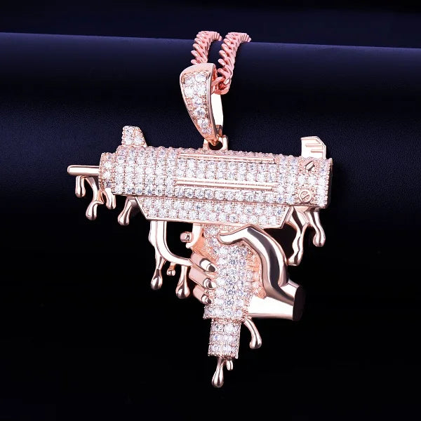 Iced Out Opps Uzi Pendant Necklace in Rose Gold with Sparkling Zirconia Detail
