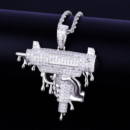 Iced Out Opps Uzi Pendant Necklace with Sparkling Details on a Silver Chain for Stylish Looks
