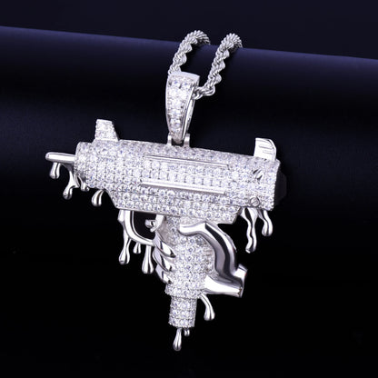 Iced Out Opps Uzi Pendant Necklace featuring a detailed design with shimmering stones and a stylish chain