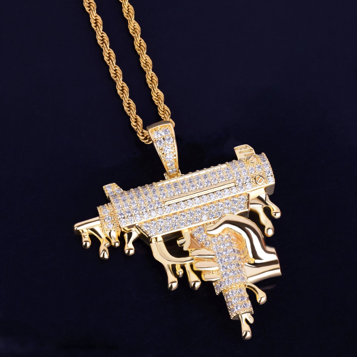 Iced Out Opps Uzi Pendant Necklace in Gold with Sparkling Diamond Simulate Detail