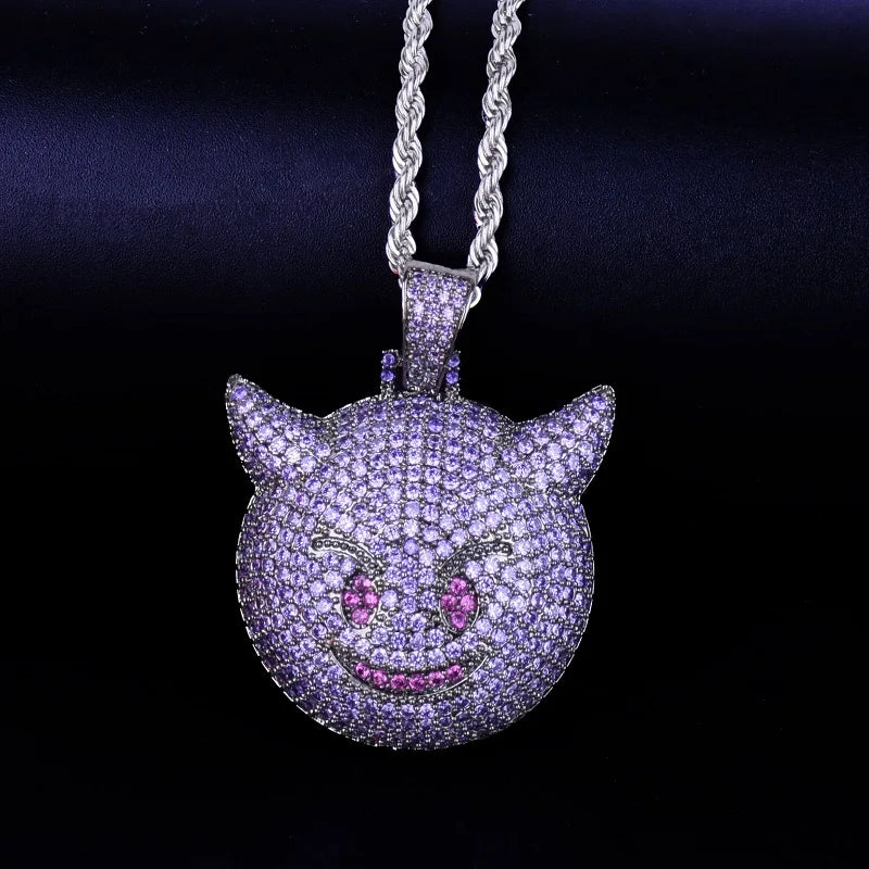 Iced Out purple demon pendant necklace with sparkling gemstones for a stylish statement