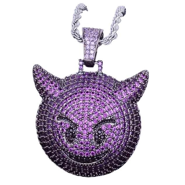 Iced Out purple demon pendant necklace with sparkling gemstones for a bold fashion statement