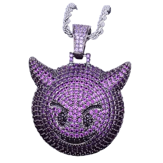 Iced Out purple demon pendant necklace with sparkling gemstones for a bold fashion statement