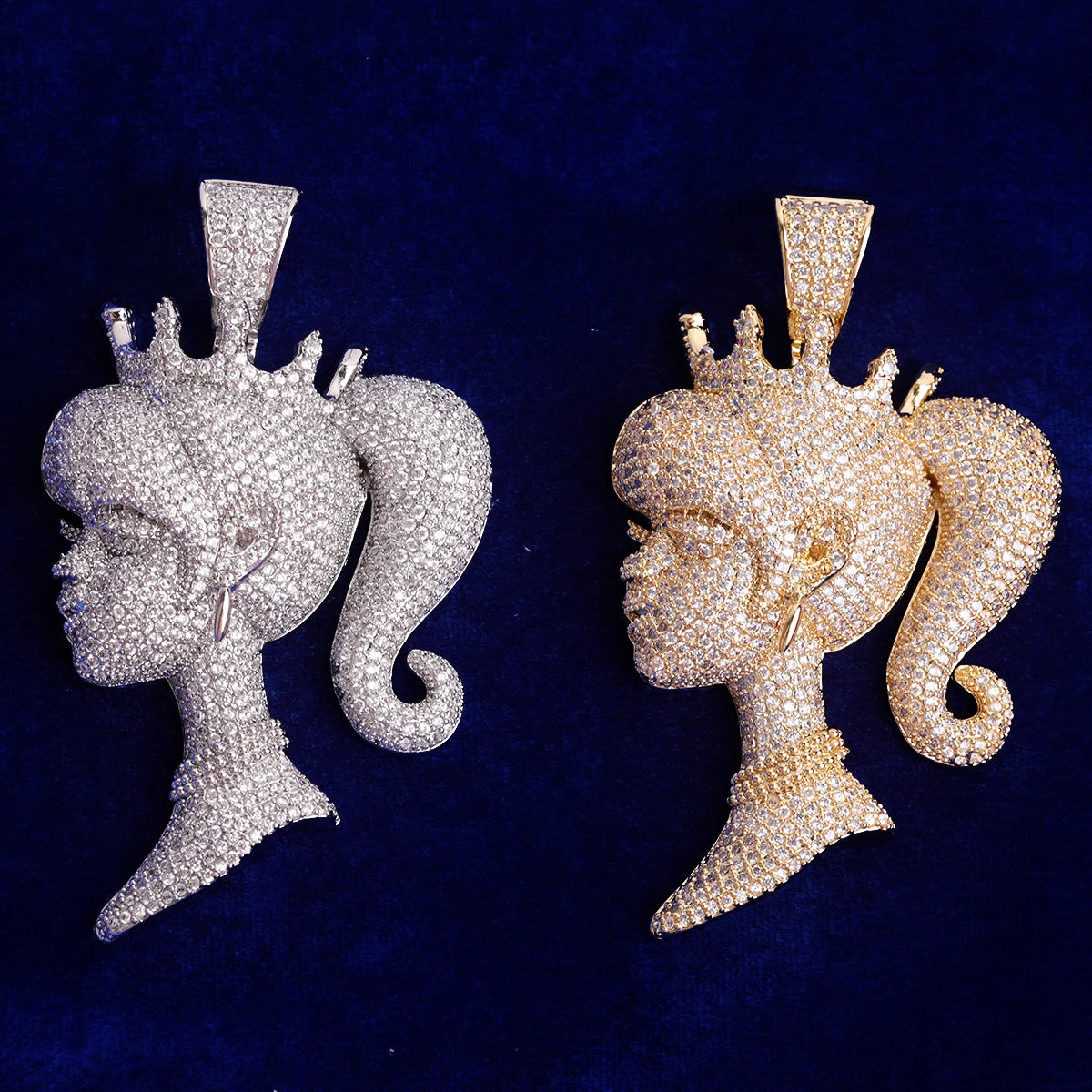 Iced Out queen doll rapper pendant jewelry in silver and gold finishes for stylish wearers