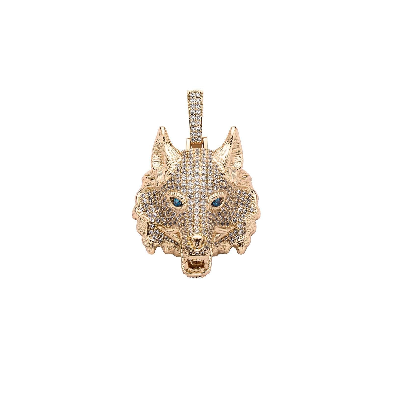 DatNewDrip iced out wolf pendant in gold with blue eyes and detailed stone embellishments