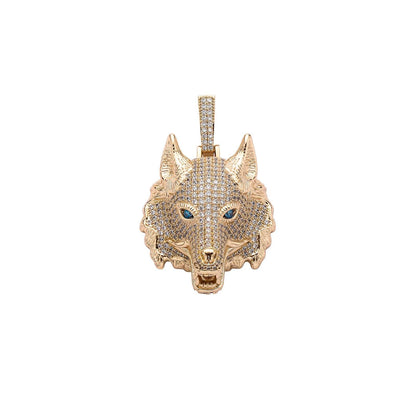 DatNewDrip iced out wolf pendant in gold with blue eyes and detailed stone embellishments