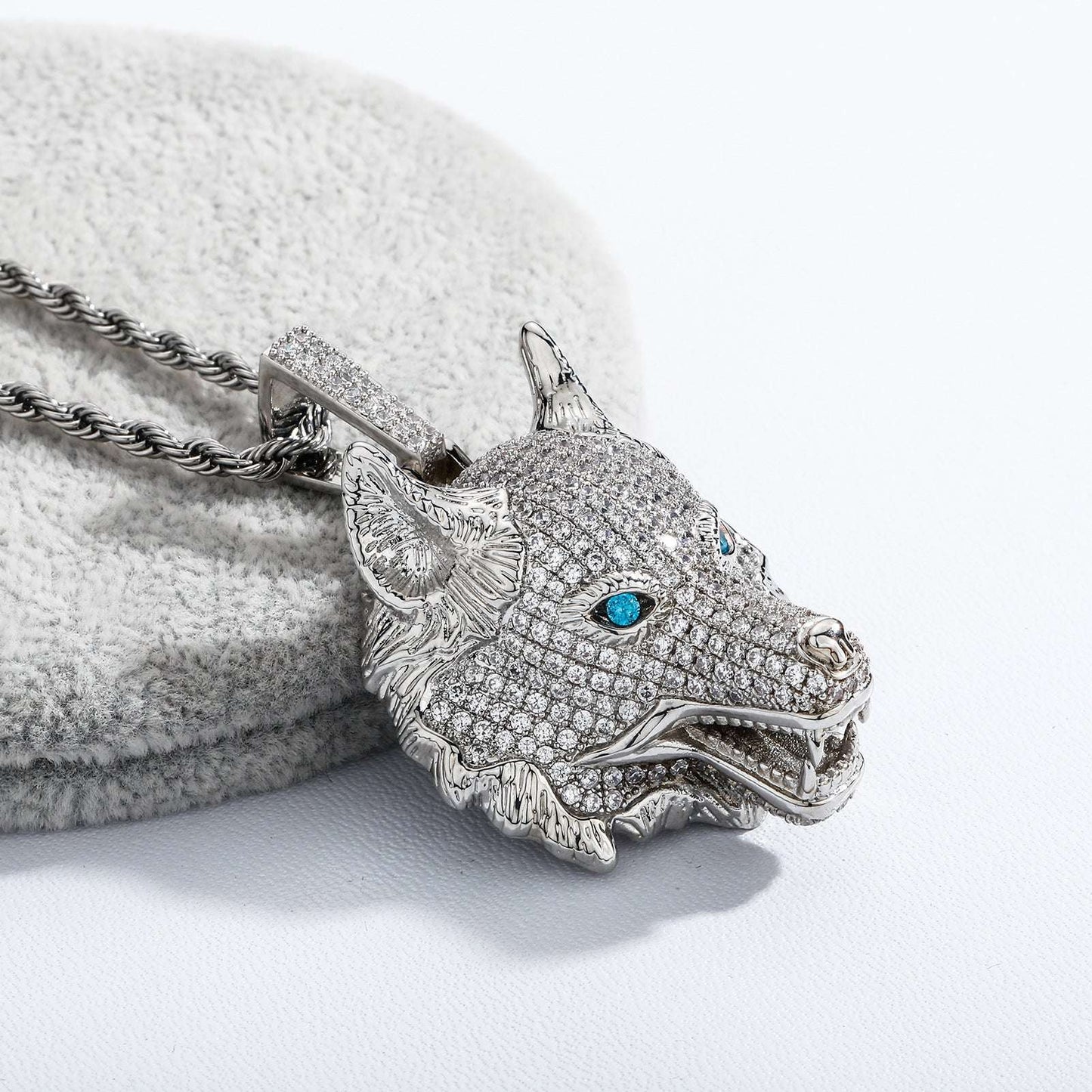 DatNewDrip iced out wolf pendant with blue eyes and silver chain necklace