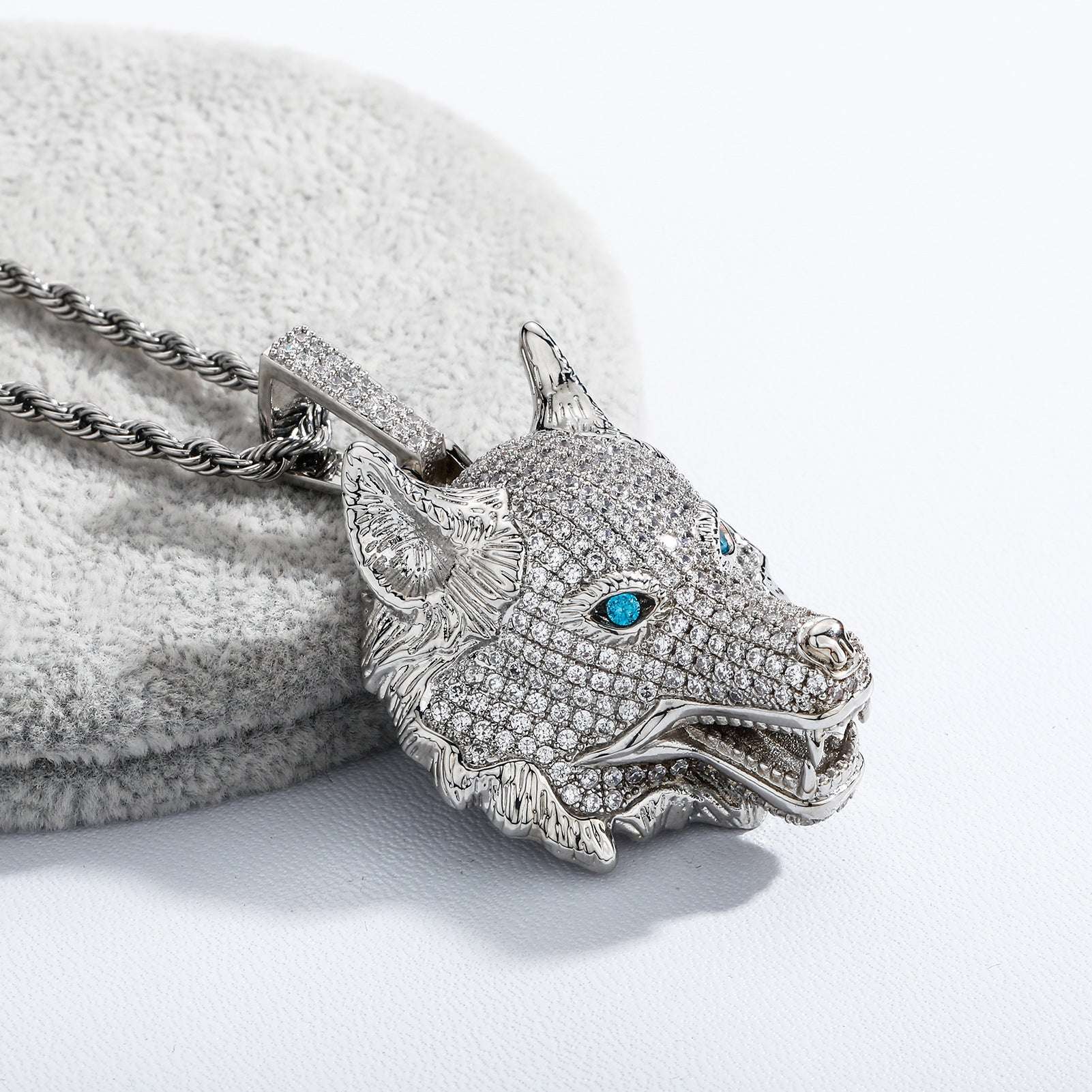 DatNewDrip iced out wolf pendant with blue eyes and silver chain necklace