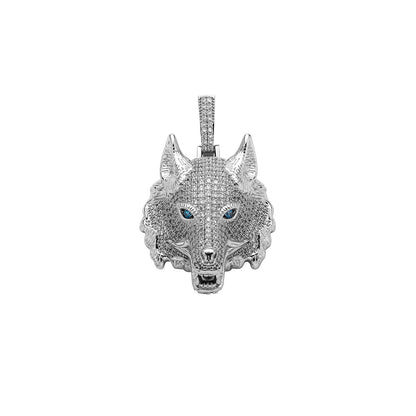 DatNewDrip iced out wolf pendant with blue eyes and sparkling stones in wolf head design