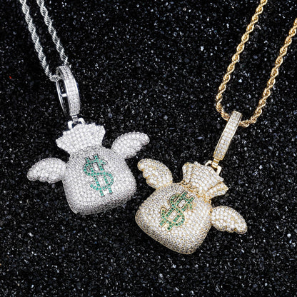 DatNewDrip iced out money bag pendant duo in gold and silver with green dollar sign crystals on rope chains