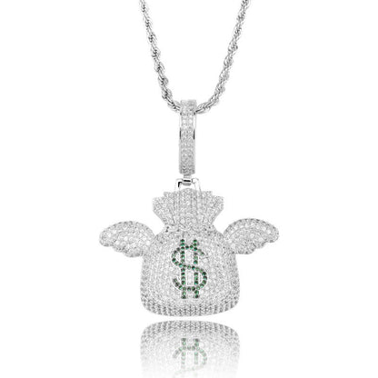 DatNewDrip iced out money bag pendant in silver with winged design and green stone dollar sign