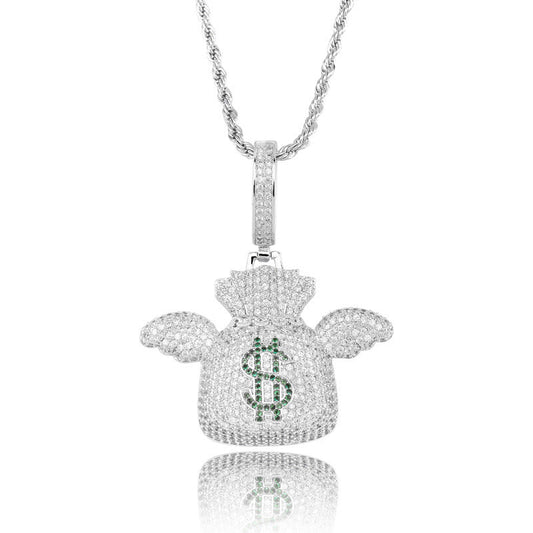 DatNewDrip iced out money bag pendant in silver with winged design and green stone dollar sign