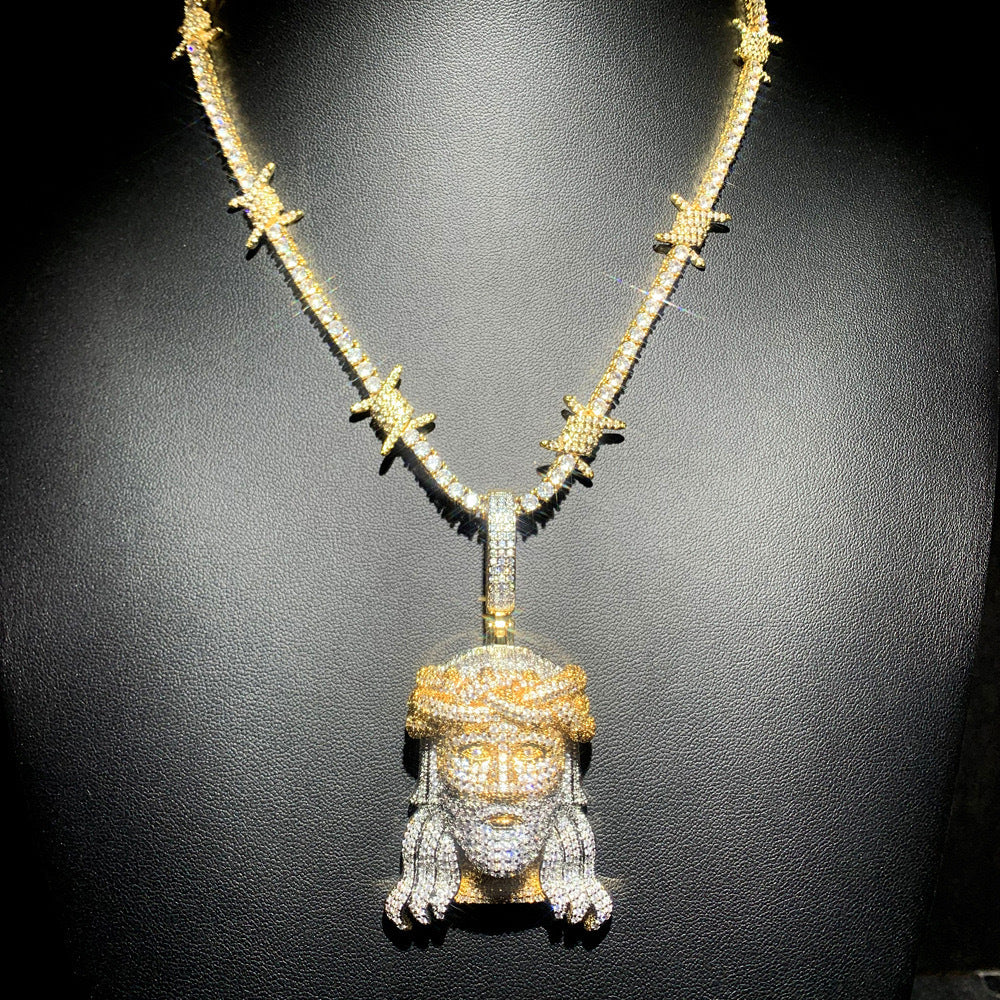 DatNewDrip gold and silver iced out Jesus pendant with crown of thorns on sparkling star chain