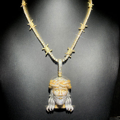 DatNewDrip gold and silver iced out Jesus pendant with crown of thorns on sparkling star chain
