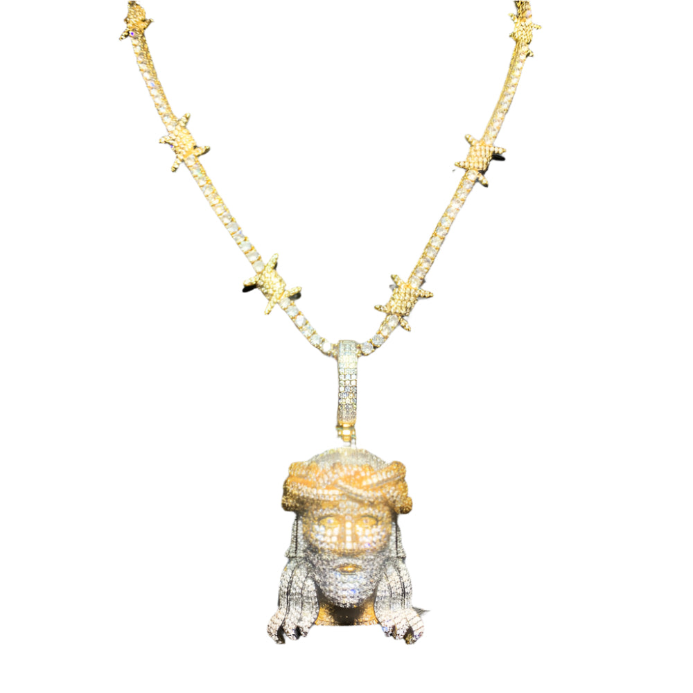 DatNewDrip iced out Jesus pendant two tone gold and silver diamond encrusted Jesus head on star link chain
