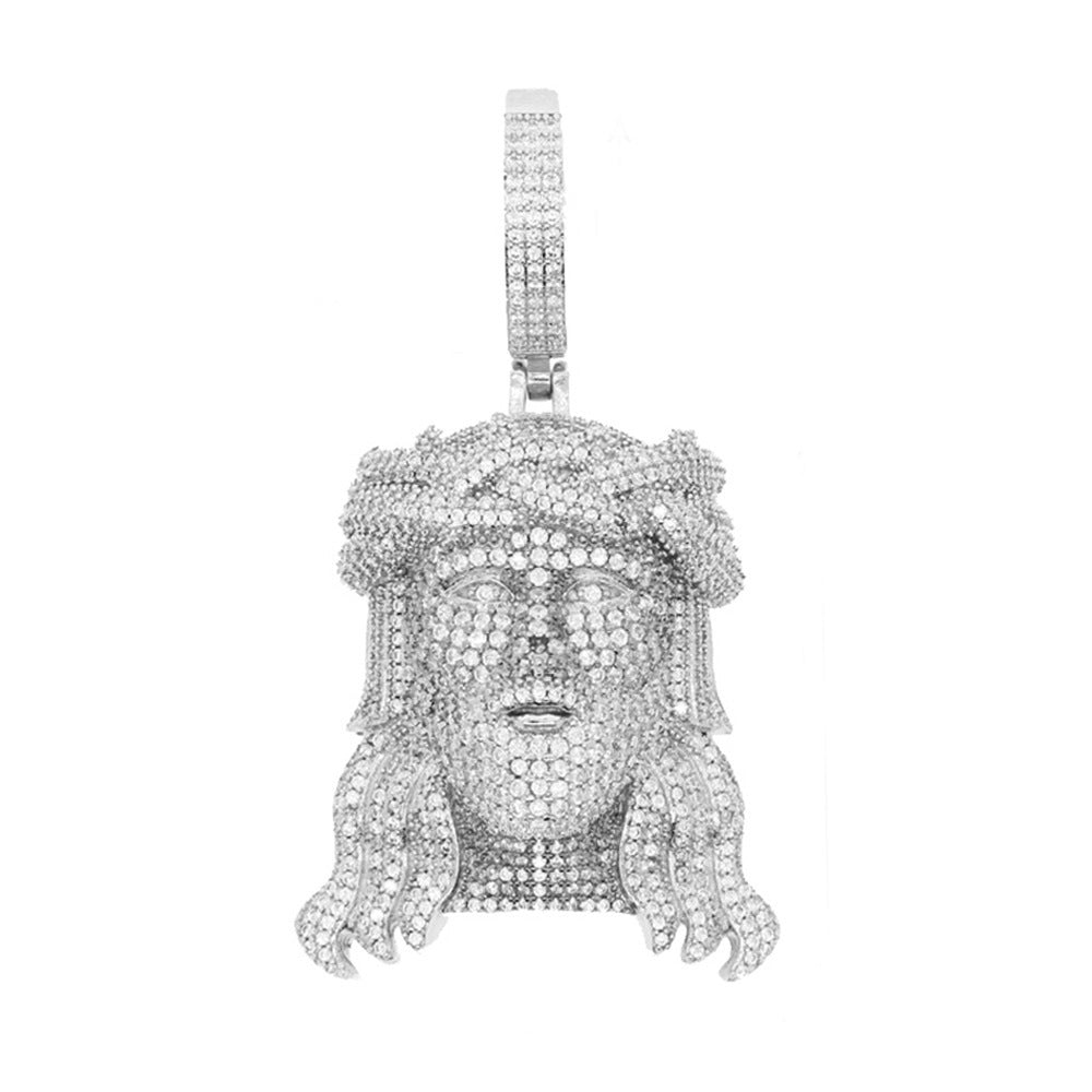 DatNewDrip iced out Jesus pendant in silver tone with diamond pave crown of thorns and bail
