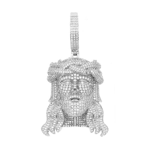 DatNewDrip iced out Jesus pendant in silver tone with diamond pave crown of thorns and bail